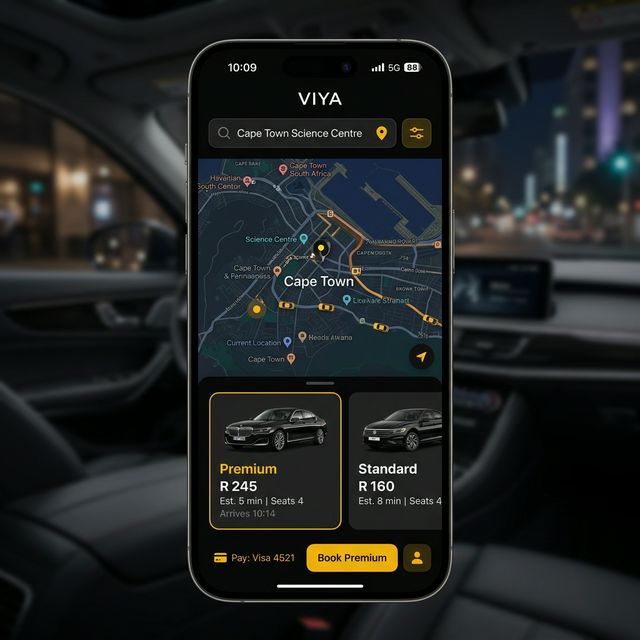 Viya App — ride-hailing interface showing map, route and ride options
